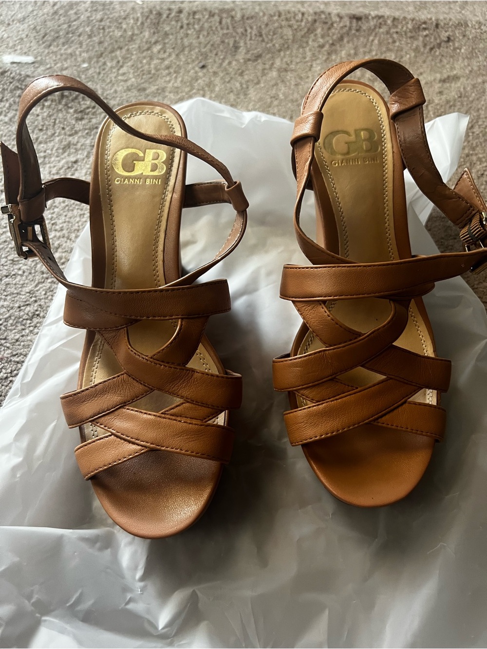 Gianni Bini Brown Leather Strappy Heeled Sandals